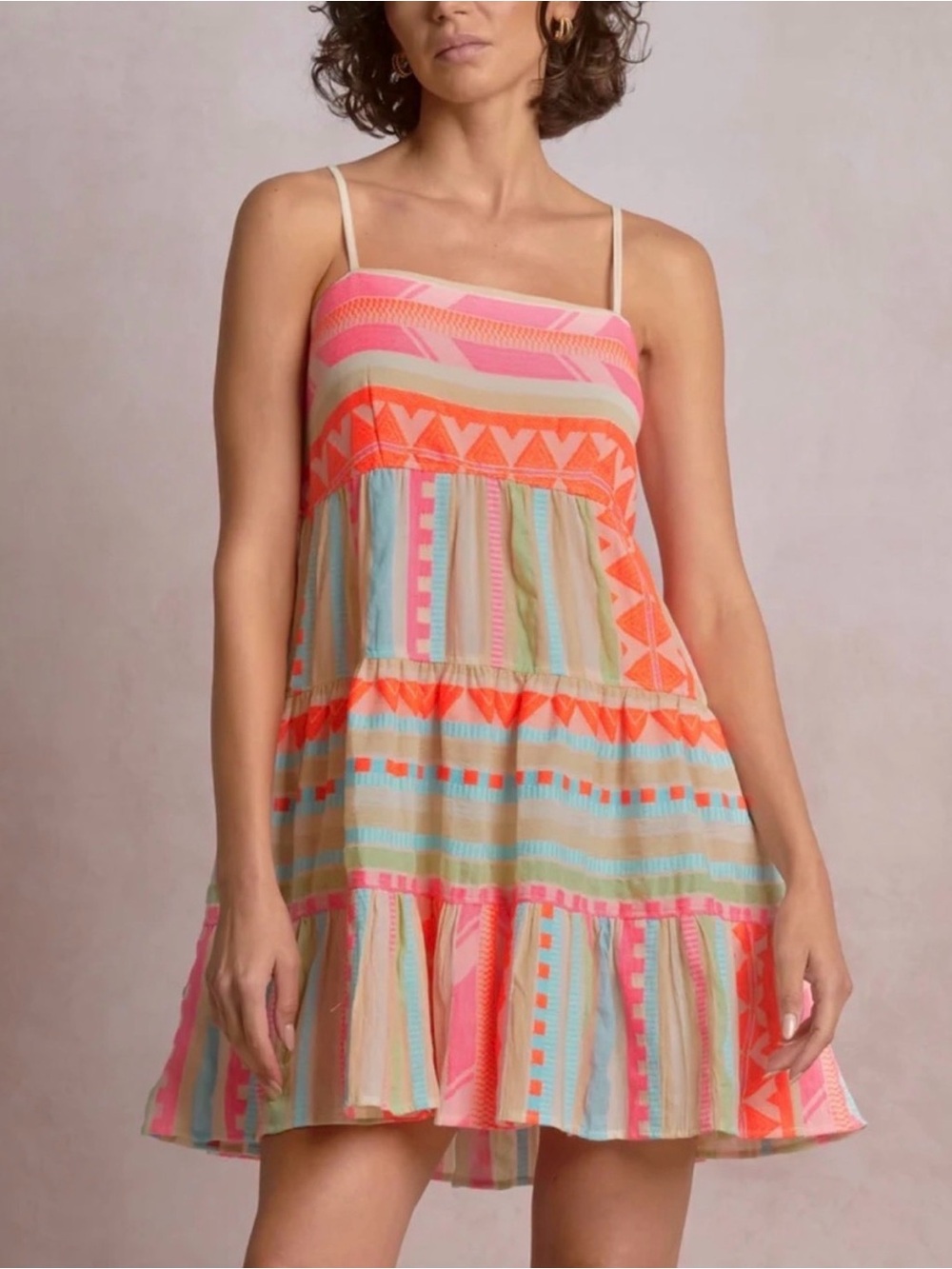 Elan Neon Pink & Orange Striped Tiered Sundress